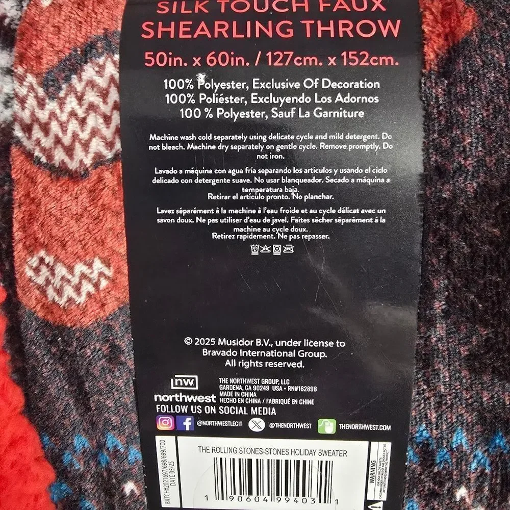NEW The Rolling Stones Holiday Sweater Sherpa Lined THROW BLANKET 50in x 60 in